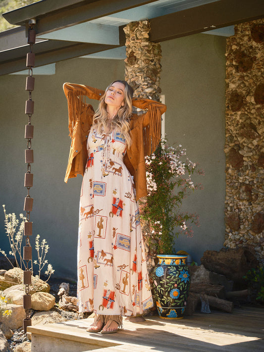Western Motif Tie Front Maxi Dress